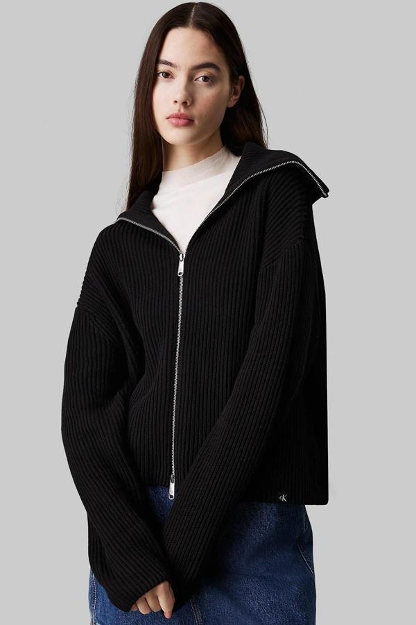 Calvin Klein Chunky Women's Cardigan Kadın Bol Kesim Fermuarlı Devrik Yaka Sweatshirt Siyah - Image 1