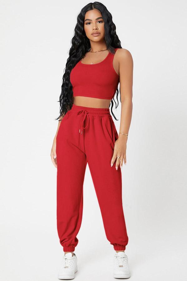 Kadın Kırmızı Kaşkorse Cepli Jogger Eşofman Altı Ve Crop Top Bluz - Image 1