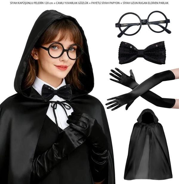 BFS Siyah Kapüşonlu Büyücü Ve Cadı Pelerin Kostüm Seti (4 Parça) - Image 1