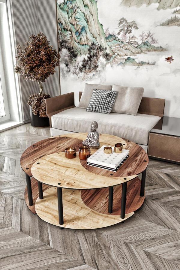 Yin Yang Unıty Serenıty Orta Sehpa 4 Lü Safir Meşe Madran Ceviz-90 Cm çap - Image 1