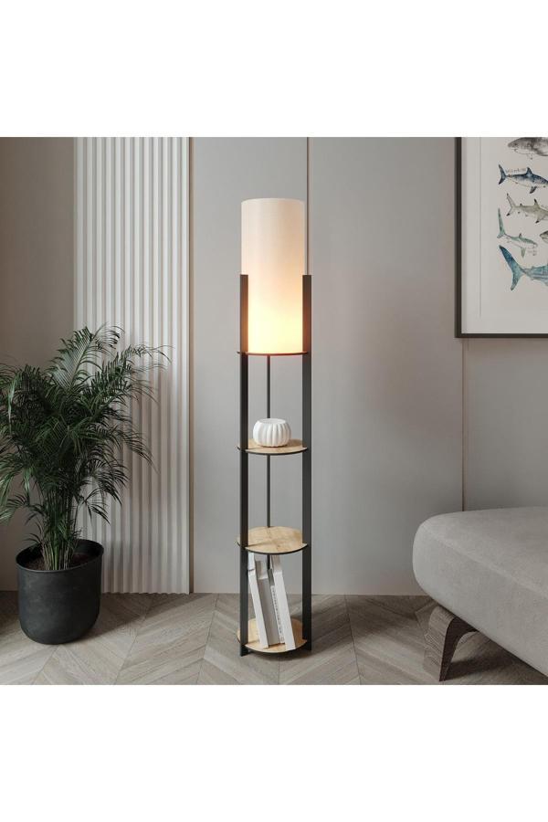 Pine Raflı Lambader YUVARLAK Safir Meşe Siyah Ayak - Image 1