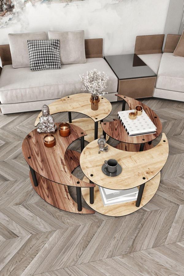 Yin Yang Unıty Serenıty Orta Sehpa 4 Lü Safir Meşe Madran Ceviz-90 Cm - Image 1