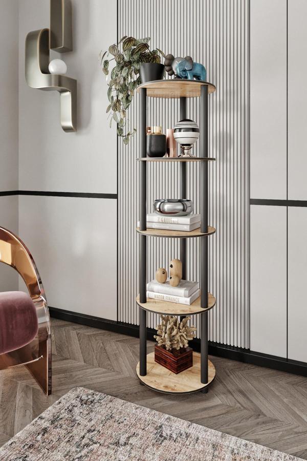 Dekoratif MASİVO KİTAPLIK 5 Katlı 34 çap YUVARLAK Çok Amaçlı Raf - Image 1