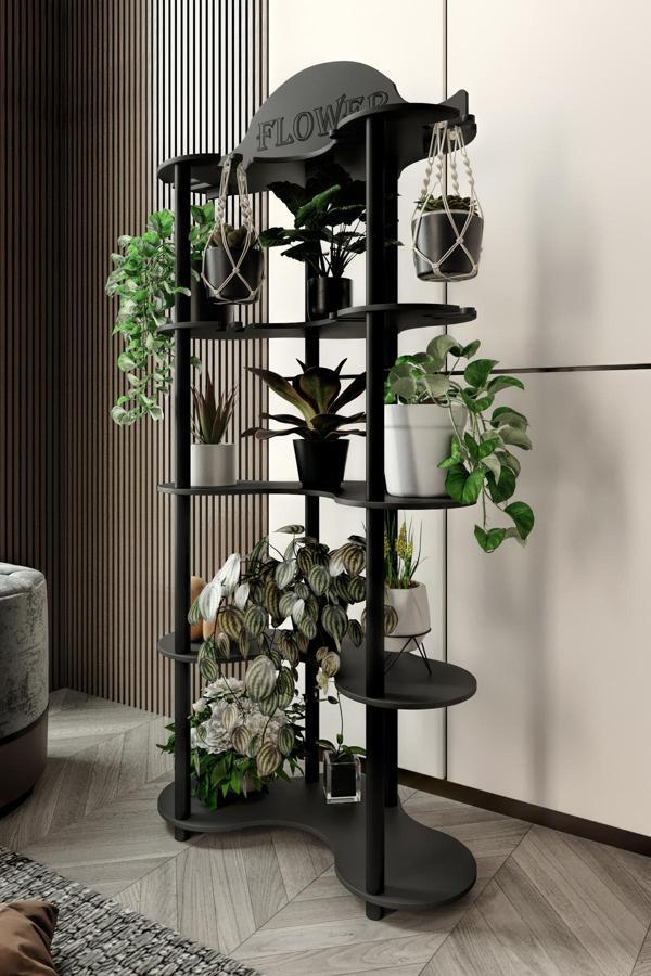 MİMOSA ÇİÇEKLİK SAKSILIK ÇOK AMAÇLI RAFI SİYAH - Image 1