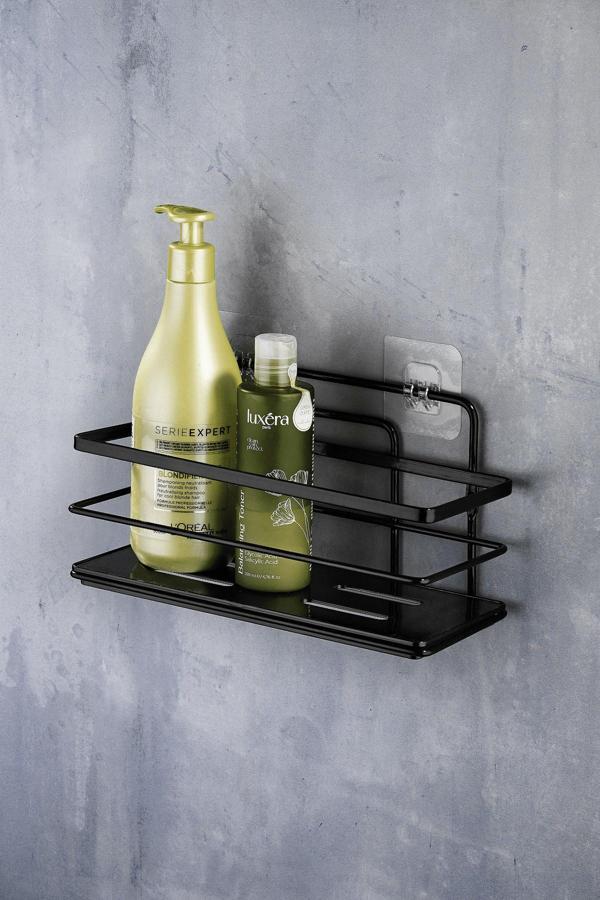 Yapışkanlı Ömür Boyu Paslanmaz Kristal Ayarlanabilir Raf Banyo Düzenleyici Şampuanlık Siyah LŞ-01 SS - Image 1