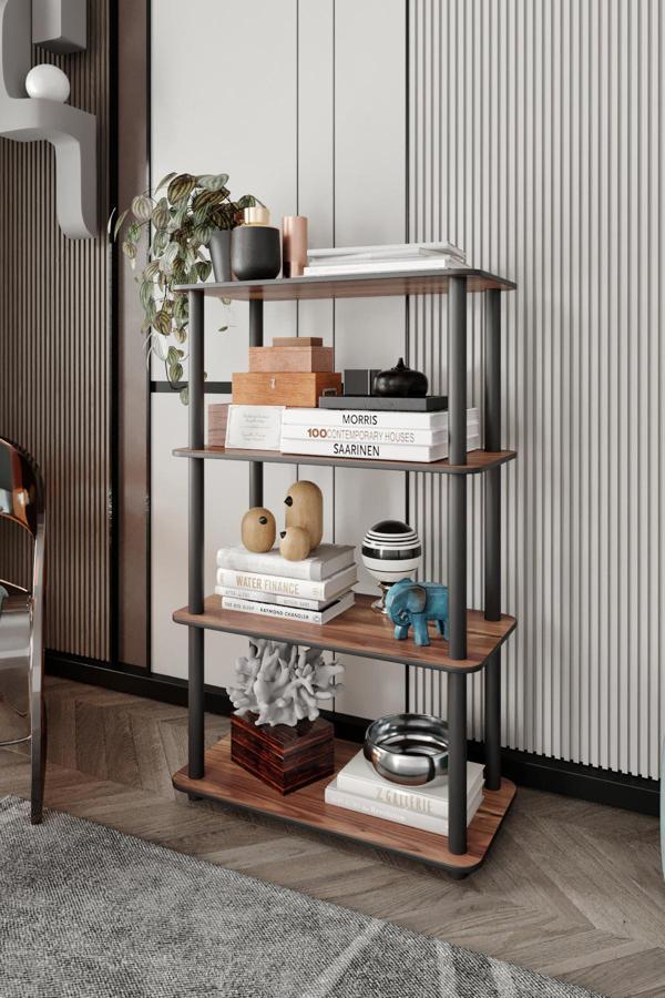 Dekoratif MASİVO KİTAPLIK 4 Katlı 30x60 Dikdörtgen Çok Amaçlı Raf MADRAN CEVİZ - Image 1