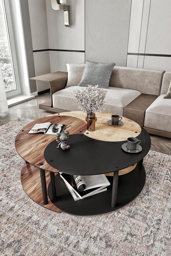 Yin Yang Unıty Serenıty Orta Sehpa 3 Lü Safir meşe Madran ceviz  Siyah 90 Cm çap - Image 1