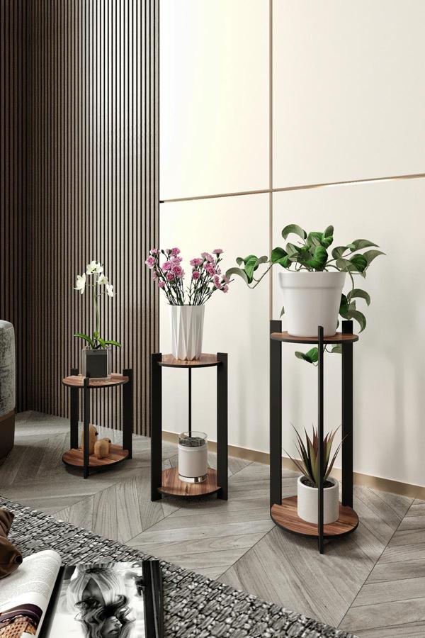 3 LÜ  YUVARLAK CEVİZ ÇİÇEKLİK - Image 1