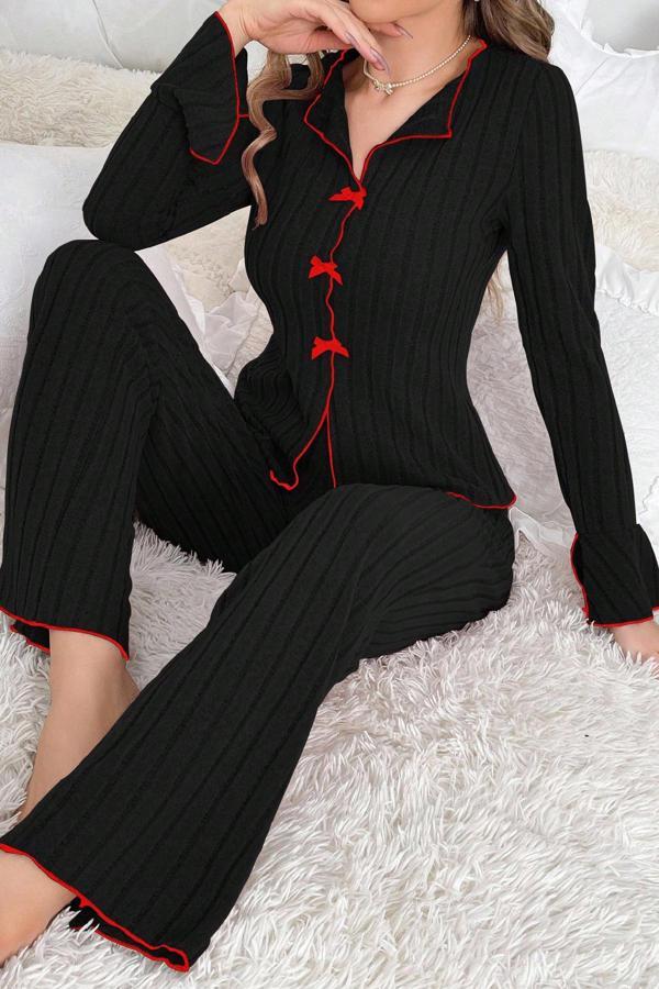 Kadın Siyah Kırmızı Biyeli Ve Fiyonklu Uzun Kollu Mevsimlik Pijama Takımı - Image 1