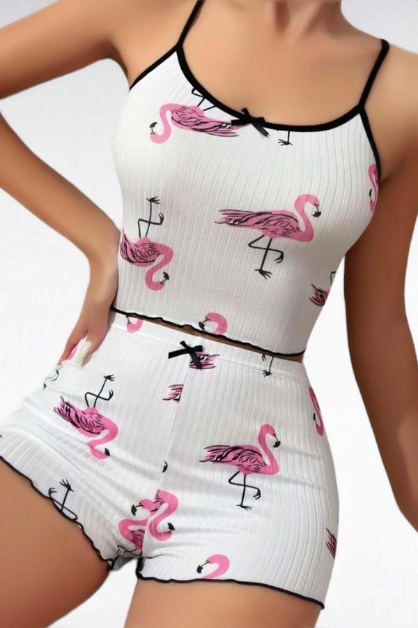 Pamuklu Beyaz Üstüne Pelikan Desen Fitilli Askılı Şortlu Pijama Takımı - Image 1