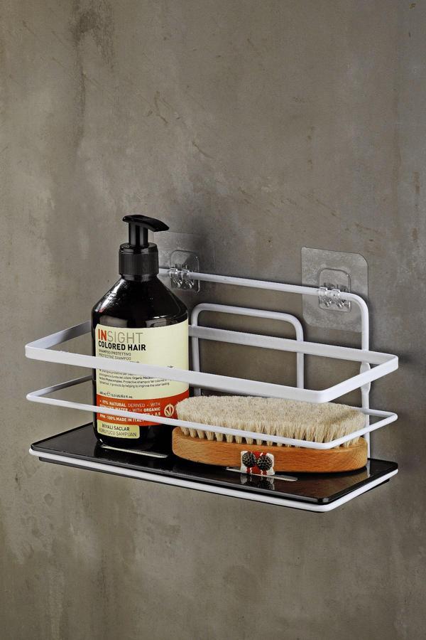 Yapışkanlı Ömür Boyu Paslanmaz Kristal Ayarlanabilir Raf Banyo Düzenleyici Şampuanlık Beyaz - Siyah - Image 1