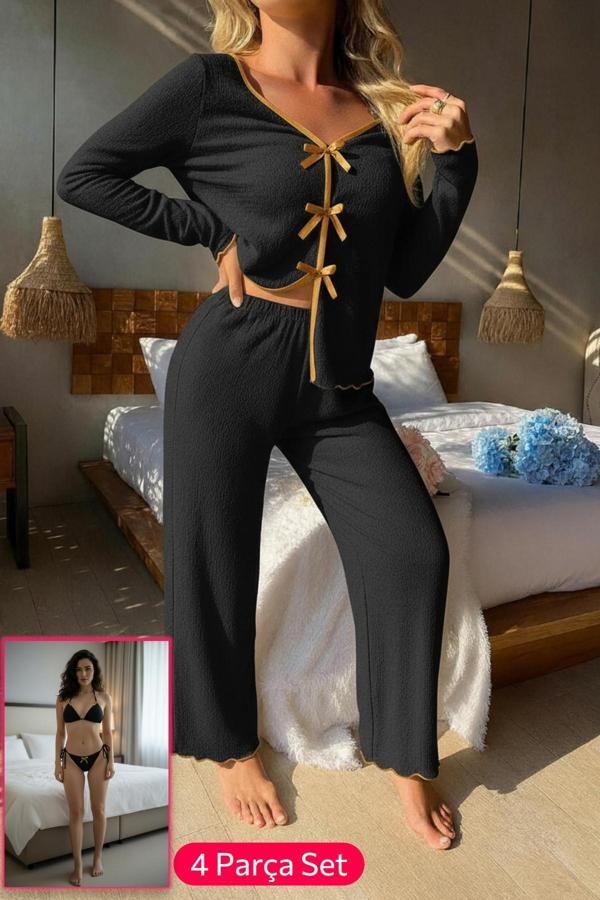 Kadın Siyah Fiyonklu İç Çamaşırı Ve Uzun Kollu V Yaka Pijama Takımı 4'lü Set - Image 1