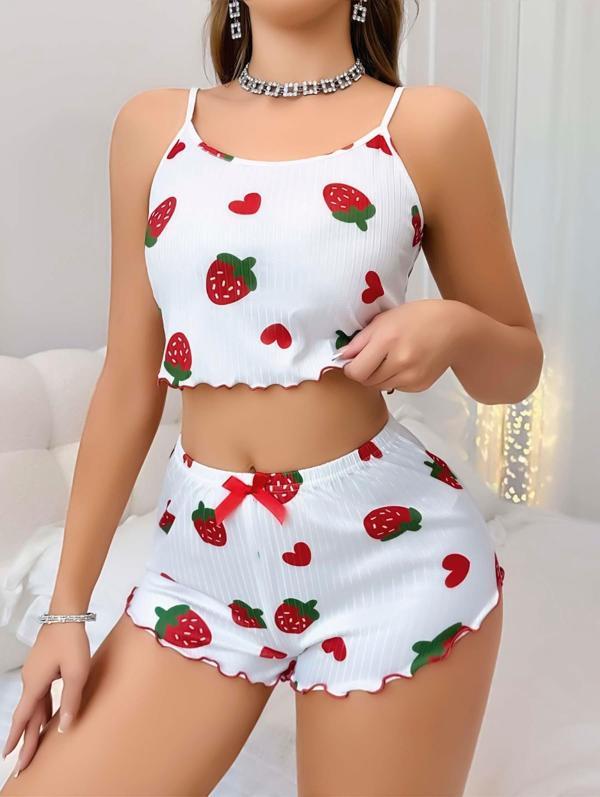 Kadın Beyaz Çilek Desenli Şortlu Pijama Takımı 5053 - Image 1