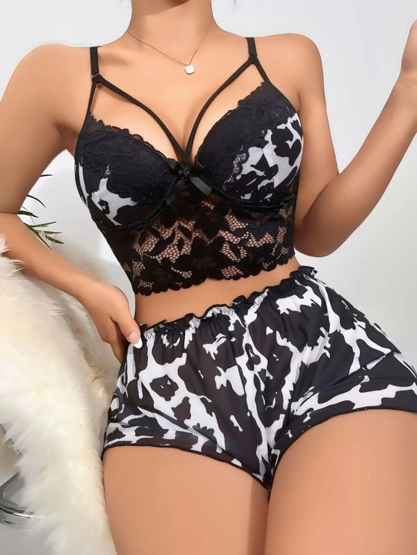 Kadın Leopar Dantel Detaylı Şortlu Gecelik Pijama Takımı 5055 - Image 1