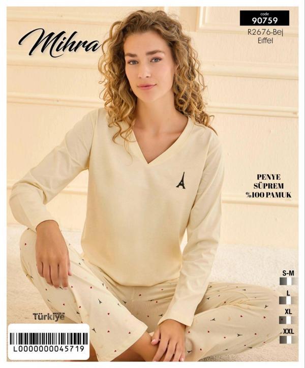 Mihra 90759 Kadın V Yaka Uzun Kol Pijama Takımı - Image 1