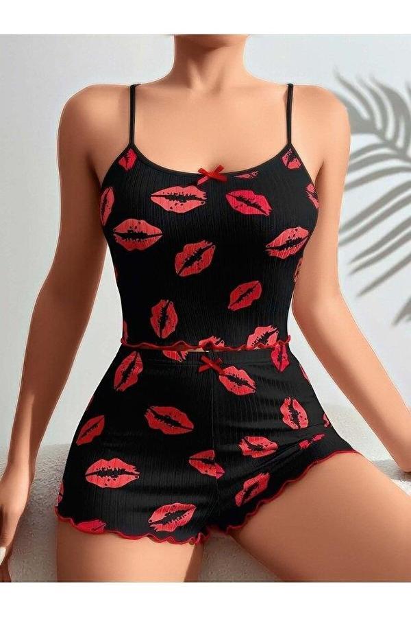 Kadın Siyah Dudak Desenli Şortlu Pijama Takımı 5057 - Image 1