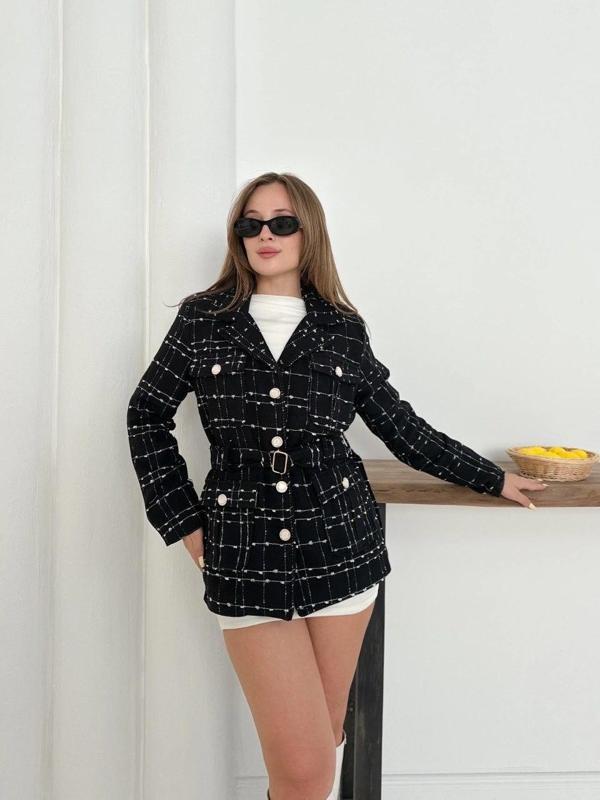 BİÇOMİ Çok düğmeli kemerli yüksek kaliteli astarlı ceket siyah os255859 - Image 1