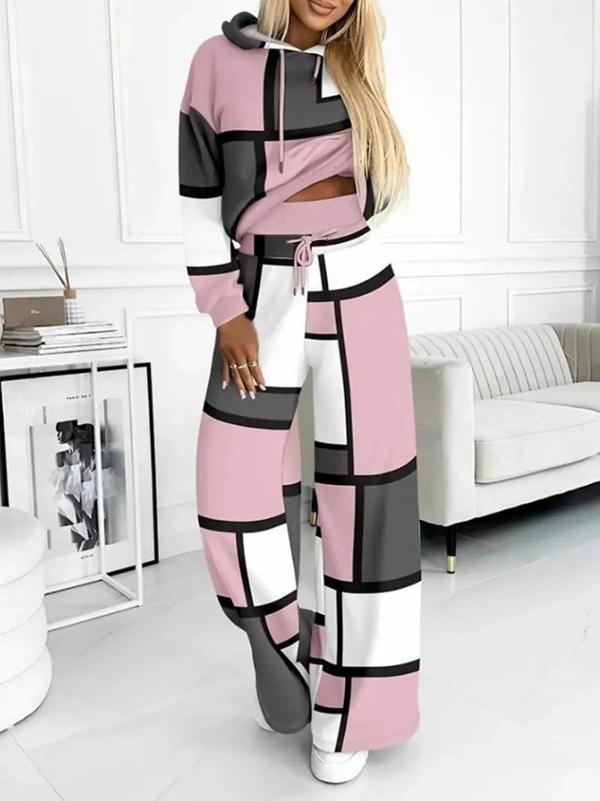MDB Kadın Uzun Kollu Kapşonlu Bağcıklı Desenli Iki Iplik Bluz Ve Pantolon Ikili Takım - Image 1