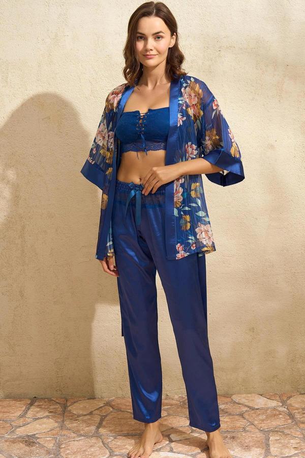 MDB MdbShop Tül Çiçek Baskılı Sabahlık Balensiz Desteksiz Dolgusuz Dantelli Büstiyer Sütyen ve Saten - Image 1