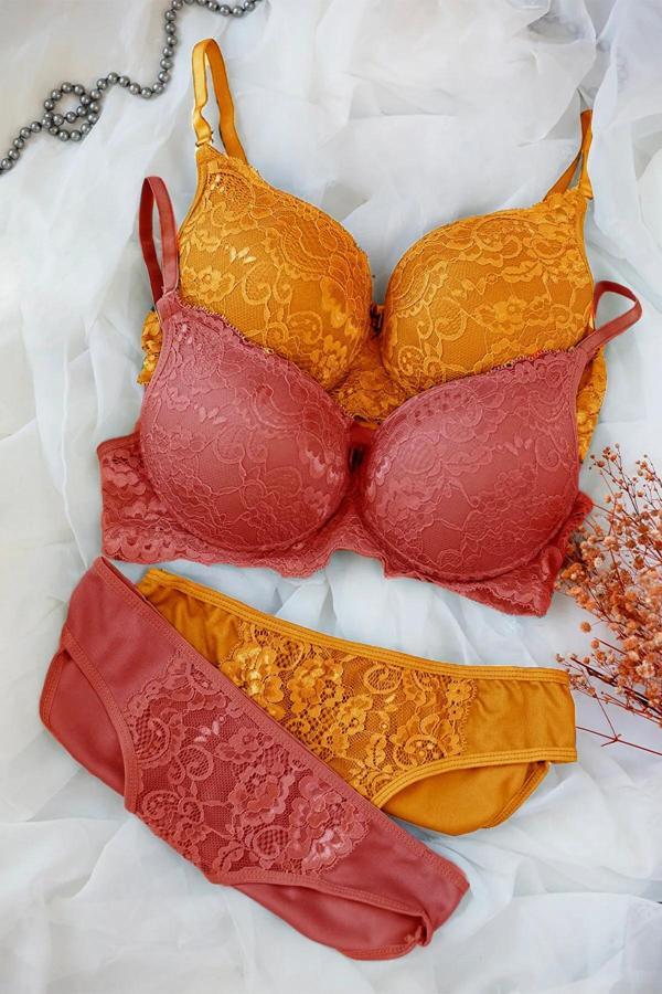 Kadın Hardal Ve Kiremit Rengi Dolgulu Balenli Sütyen Külot 2'li Paket - Image 1