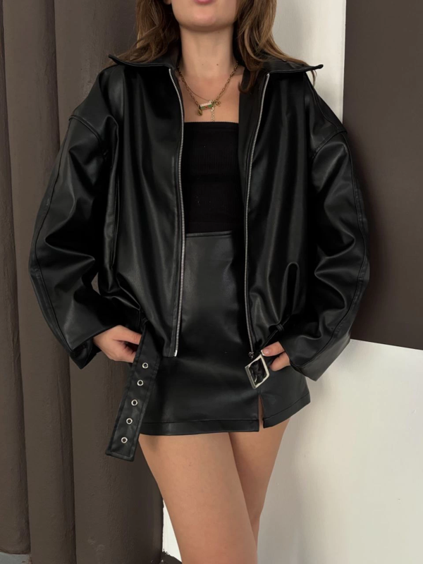 Astarlı kemerli pb deri ceket siyah onst - Image 1