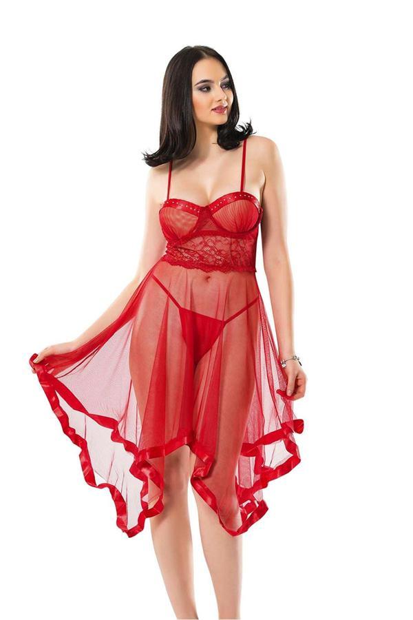 Kırmızı Petli Tül Şifon Gecelik - 229 - Image 1