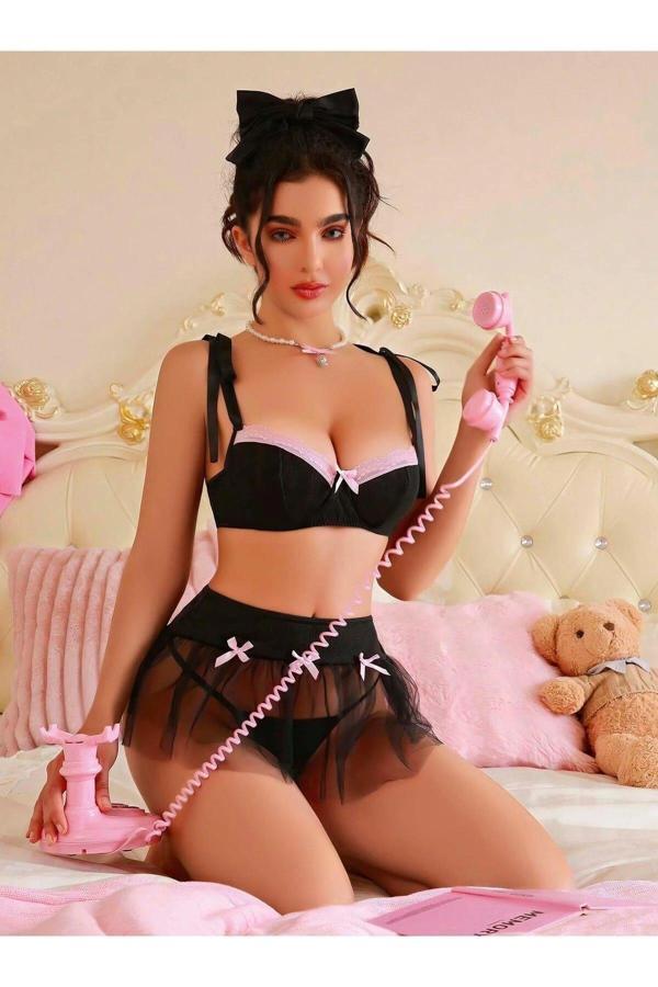 Transparan Siyah Kurdela Detaylı Fantezi Tül Etekli Sütyen Takımı - Image 1