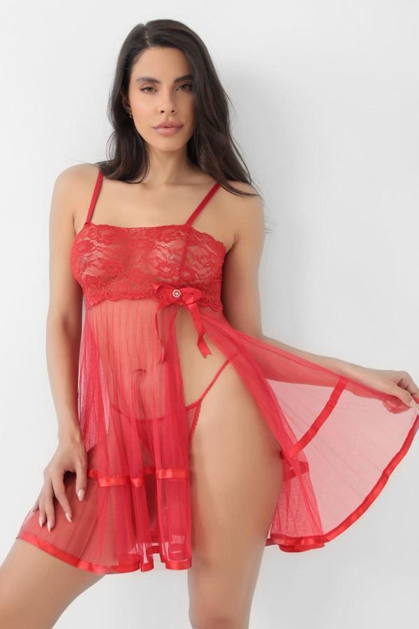 Kırmızı Şifon Pileli Gecelik-835 - Image 1