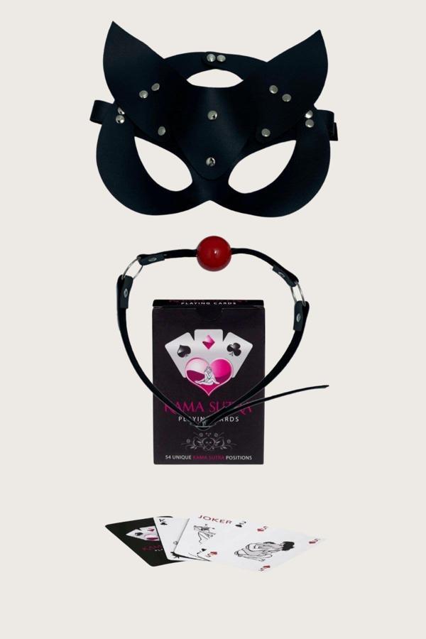 Sexy Görselli Oyun Kartı Kama Sutra Siyah Ağız Topu Maske Set - Image 1