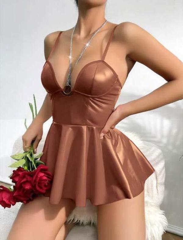 Kahverengi Parlak Lame Fantezi Deri Elbise - Image 1