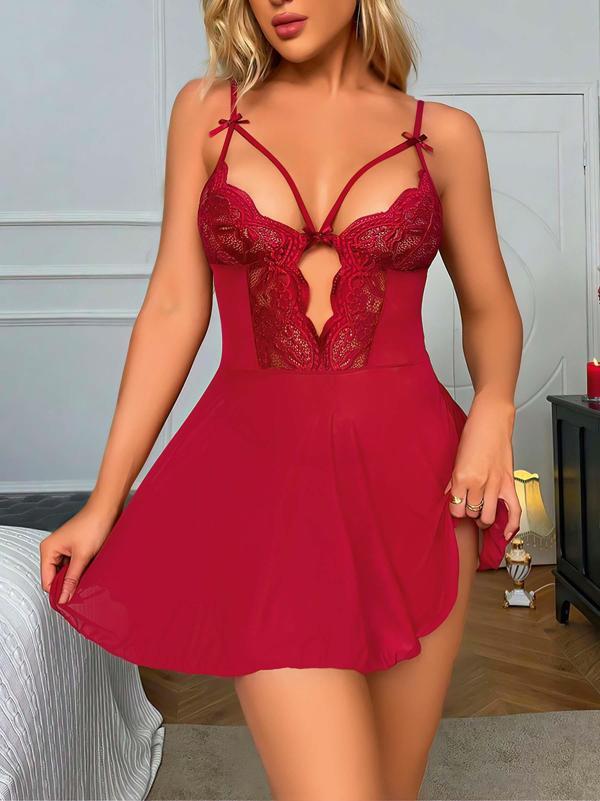 Bordo Dantel İşlemeli Göğüs İp Detaylı Fantezi Tül Gecelik Takımı - Image 1