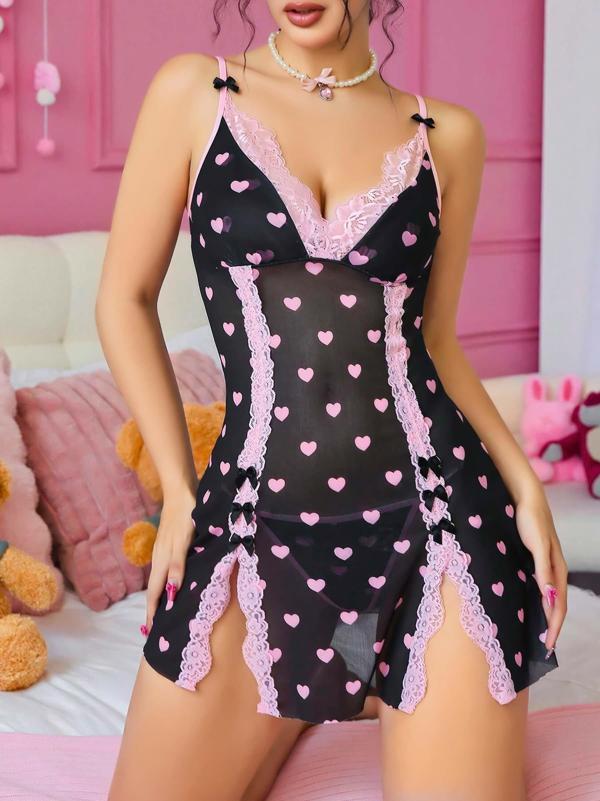 Siyah Kalp Desenli Dantel İşlemeli Fantezi Gecelik - Image 1