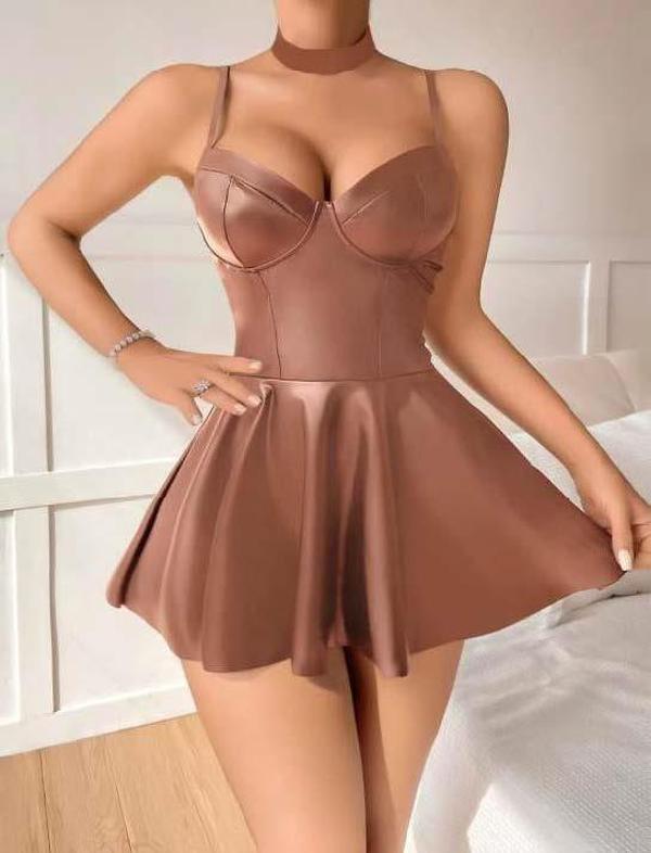 Kahverengi Etekli Pileli Fantezi Deri Elbise - Image 1