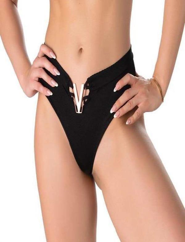 V Metal Aksesuarlı Fantezi Siyah String Tanga - Image 1