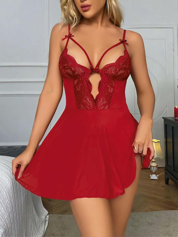 Kırmızı Dantel İşlemeli Göğüs İp Detaylı Fantezi Tül Gecelik Takımı - Image 1