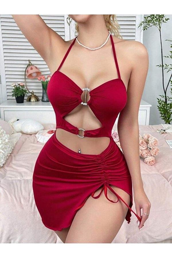 Kadın Kırmızı Fantezi Elbise Önden Büzgü Dekolteli 5082 - Image 1