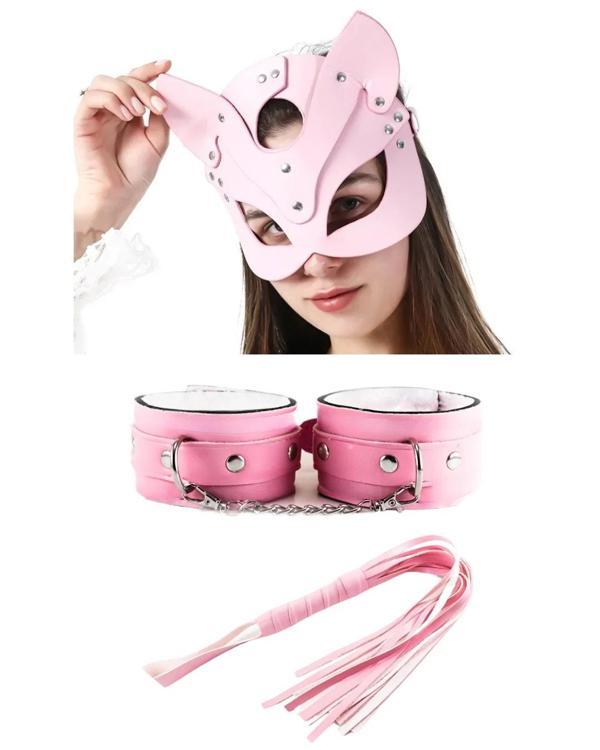 Fantezi Deri Seksi Pembe Kedi Maske Kelepçe Kırbaç Seti ( 3'lü Set) - Image 1