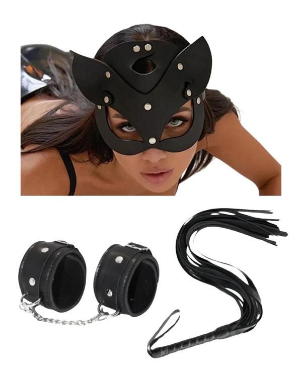 Fantezi Deri Seksi Siyah Kedi Maske Kelepçe Kırbaç Seti ( 3'lü Set) - Image 1