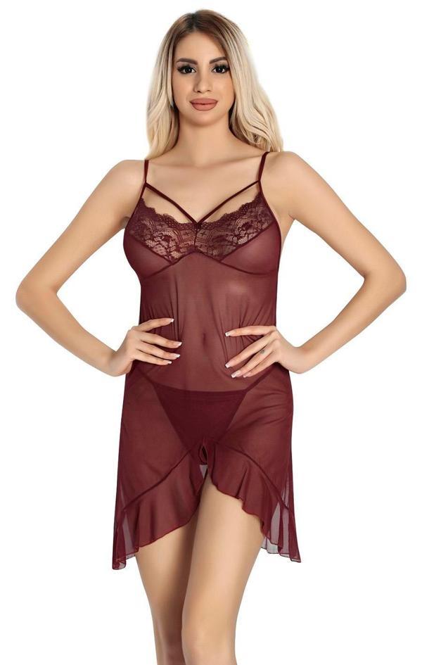 Bordo Dantel İşlemeli Göğğüs İp Detaylı Fantezi Tül Gecelik - Image 1