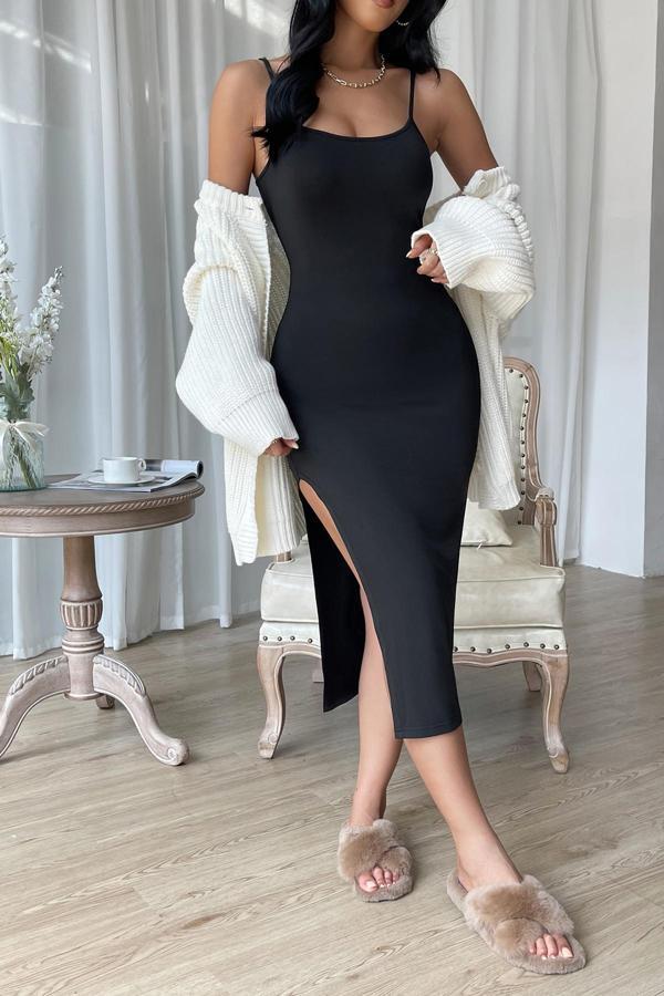 Kadın Siyah Yırtmaçlı Diz Altı Vücüdu Saran Gecelik - Image 1