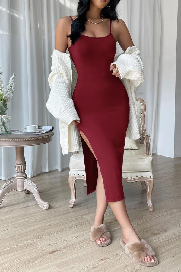 Kadın Bordo Yırtmaçlı Diz Altı Vücüdu Saran Gecelik - Image 1