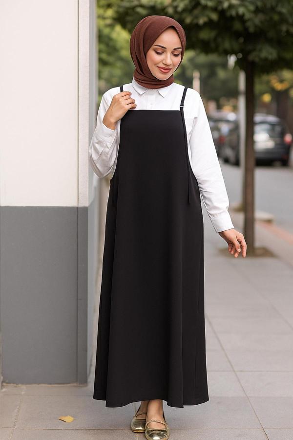 Kadın Siyah Basic Ayarlanabilir Askılı Jile Elbise - Image 1