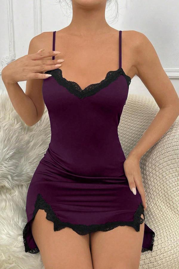 Kadın Mor Göğsü Ve Bacakları Dantelli Yırtmaçlı Şık Gecelik - Image 1