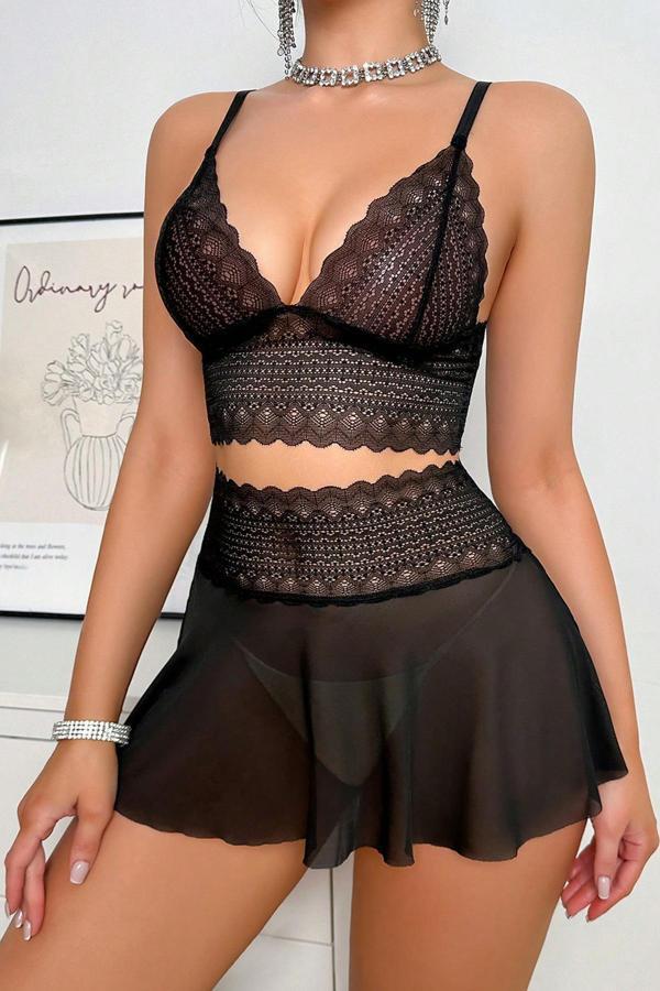 Kadın Siyah Dantel Ve Tül Detaylı Etekli Şık Gecelik Takımı - Image 1