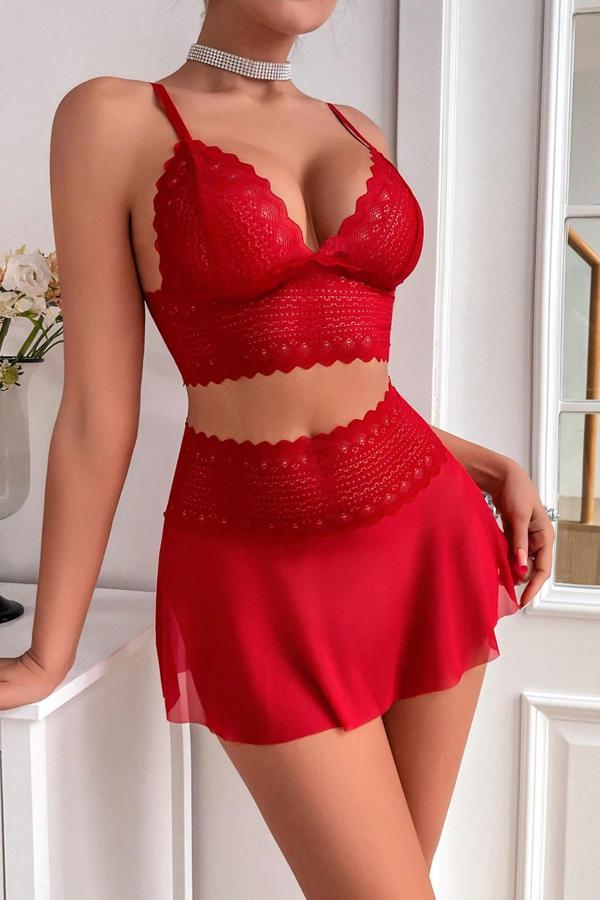Kadın Kırmızı Dantel Ve Tül Detaylı Etekli Şık Gecelik Takımı - Image 1