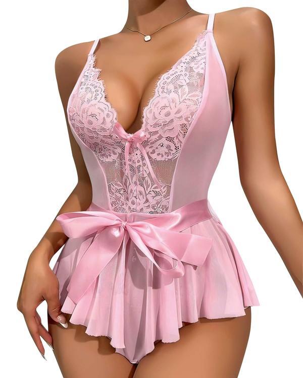 Pembe Dantel İşlemeli Kurdelalı Fantezi Tül Babydoll - Image 1