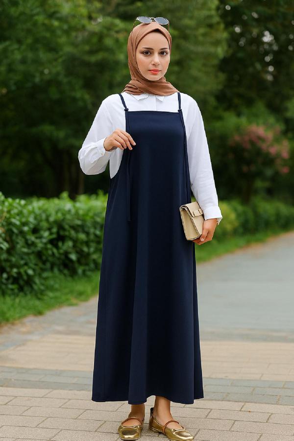 Kadın Lacivert Basic Ayarlanabilir Askılı Jile Elbise - Image 1