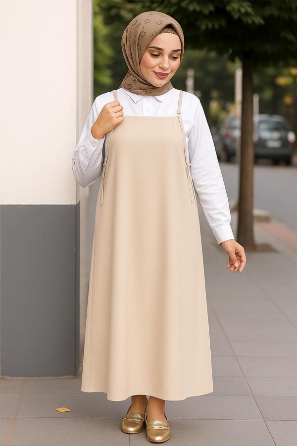Kadın Taş Rengi Basic Ayarlanabilir Askılı Jile Elbise - Image 1
