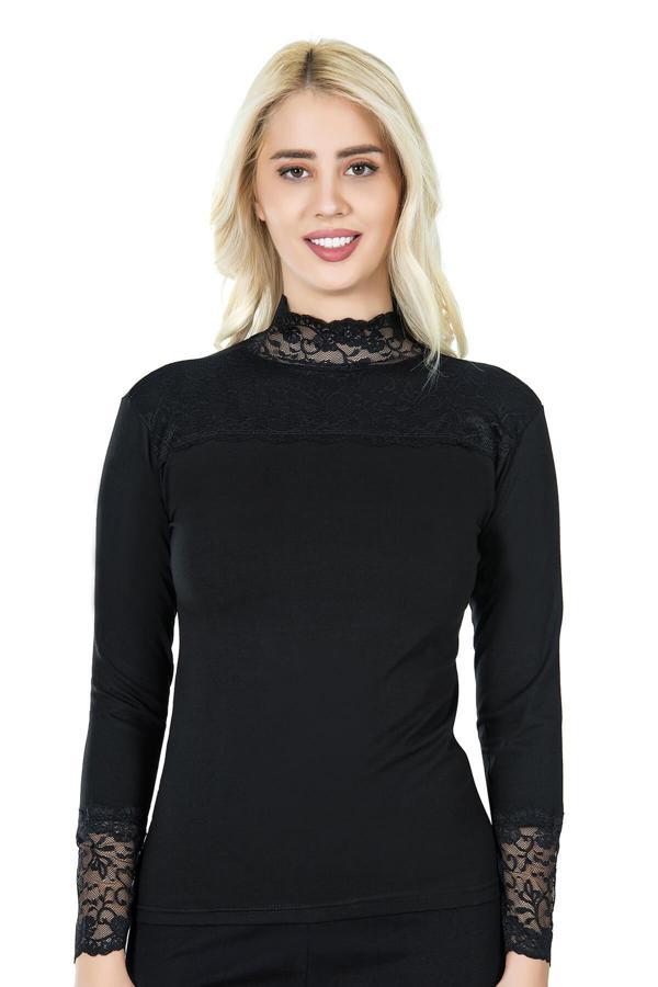 Uzun Kol Balıkçı Yaka Dantelli Kadın Tişört 241 - Image 1