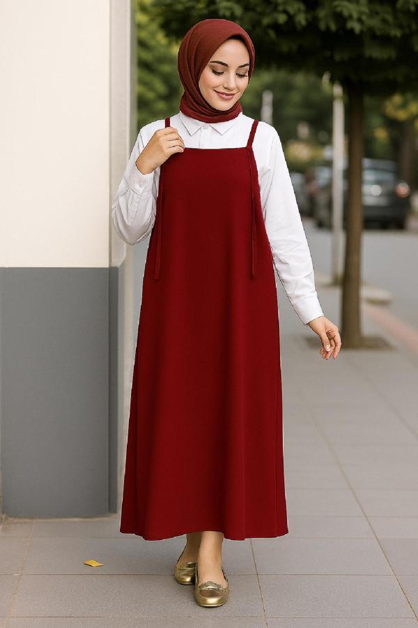 Kadın Bordo Basic Ayarlanabilir Askılı Jile Elbise - Image 1